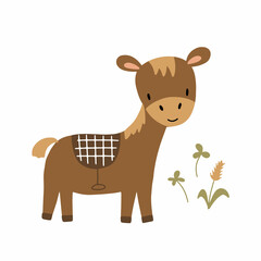 Vector cute donkey, clip art on white background Pastel colors Baby animal with flowers Nursery wall art