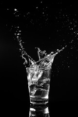Scattered ice falling into a glass of water.