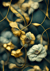 Abstract Floral Background. Blue and Gold Flourishes on Blurred Background