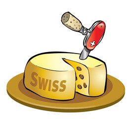 Swiss cheese with an open pocketknife with a cork stuck on the top - obrazy, fototapety, plakaty
