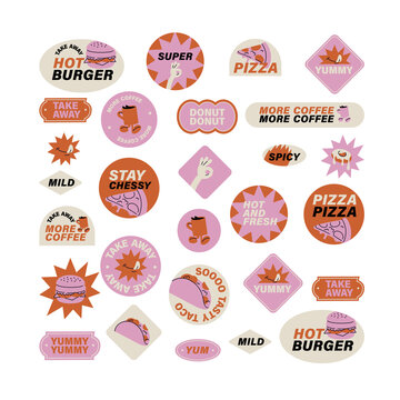 Vector set of retro fast food stickers. Colorful patch badges for junk food cafe.