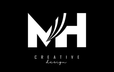 Creative white letters MH m h logo with leading lines and road concept design. Letters with geometric design.