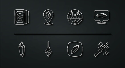 Set line Tarot cards, Magic stone, wand and Pentagram in circle icon. Vector