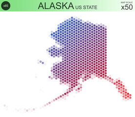 Fototapeta premium Dotted map of the state of Alaska in the USA, from circles placed in hexagons. Scaled 50x50 elements. With rough edges from a color gradient and a smooth gradient from one color to another.