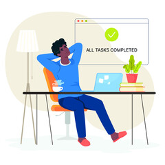 Вark-skinned man sits relaxed in a chair, rest after work, behind window with message of completed tasks. Job at home, character with laptop.