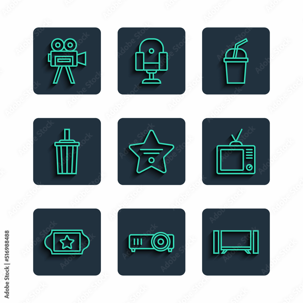 Wall mural Set line Cinema ticket, Movie, film, media projector, Smart Tv, Paper glass with water, Walk of fame star, Retro cinema camera and tv icon. Vector