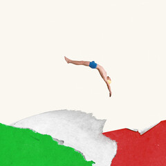 Contemporary art collage. Creative design. Sportive man in swimming cap jumping, diving into water
