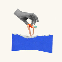 Contemporary art collage. Creative design. Male hand holding woman in swimming suit. Teacher. Learning to swim