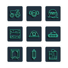 Set line Mine entrance, Gem stone, Dynamite, Miner helmet, Gold mine, Mining dump truck and Conveyor belt carrying coal icon. Vector