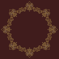 Oriental vector brown and golden round frame with arabesques and floral elements. Floral border with vintage pattern. Greeting card with circle and place for text