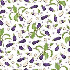 Seamless pattern with whole, half, quarter, wedges, and slices of eggplants. Aubergine, brinjal, nightshade family. Vegetables. Vector illustration isolated on white background. Cartoon style.
