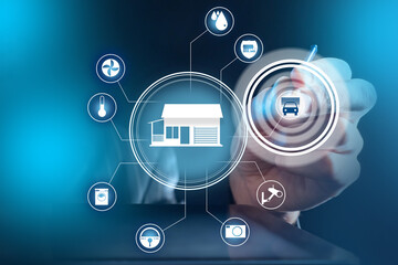 Demonstration of the use of the Smart Home system. A person presses a schematic key to control the garage. Abstract circular home automation system interface and man hand.