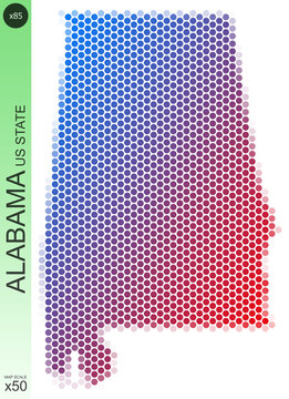 Dotted map of the state of Alabama in the USA, from circles placed in hexagons. Scaled 50x50 elements. With rough edges from a color gradient and a smooth gradient from one color to another.