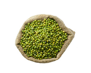 Raw mung beans in sack isolated on white background top view.