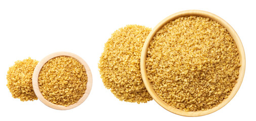 Raw bulgur in a wooden plate isolated on white background top view.