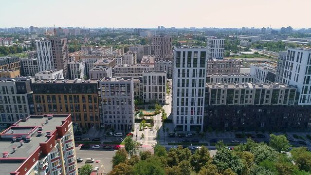 Drone aerial view modern building Residential complex Nice town. Construction of residential premises. Kyiv capital of Ukraine