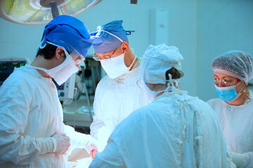 Surgeons during the operation. Professional doctors performing surgeries.