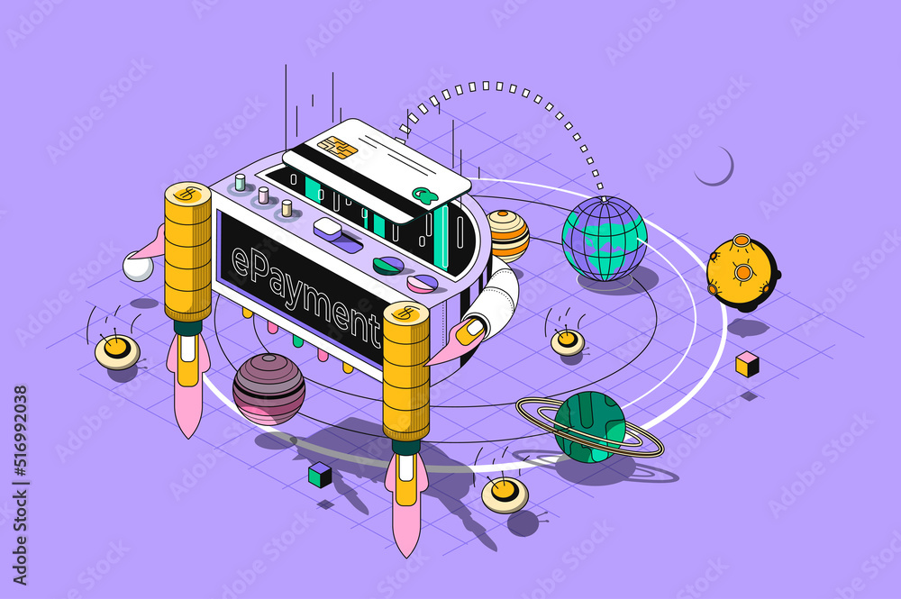 Poster e-payment concept 3d isometric outline web design. banking services for purchases paying with credit