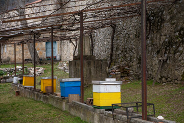 Bee hive in courtyard of Medieval Monastery and Church Pecka Patrijarsija, main Serbian orthodox...