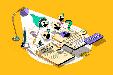 Hiring process concept 3d isometric outline web design. Human resources, search for candidates for vacancies, selection of best resume. Web illustration with abstract line people composition