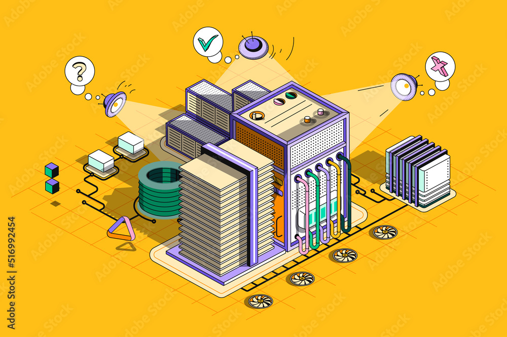 Poster Server maintenance concept 3d isometric outline web design. Technical support, computer hardware, computing and cloud storage equipment. Web illustration with abstract line people composition