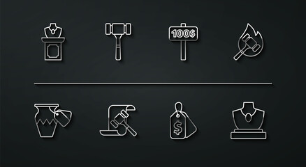 Set line Auction jewelry sale, ancient vase, hammer, Price tag with Sale, and Hand holding auction paddle icon. Vector
