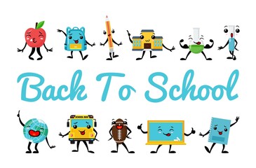 Back to school supplies smilies funny cartoon characters vector flat illustration