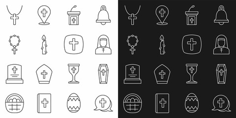 Set line Christian cross, Coffin, Nun, Church sermon tribune, Burning candle, Rosary beads religion, chain and icon. Vector