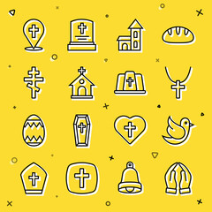 Set line Hands in praying position, Dove, Christian cross chain, Church building, Location church and Pope hat icon. Vector