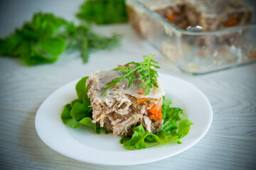 jellied meat with greens and vegetables in a plate