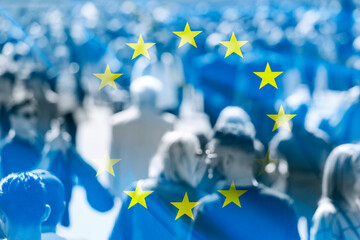 Crowd of people at the city and flag of EU, concept political picture - 516994652
