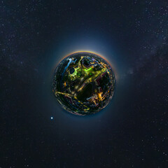 tiny planet in night sky overlooking old town, urban development, historic buildings, crossroads. Transformation of spherical 360 panorama in abstract aerial view.