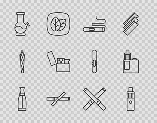 Set line Vape liquid bottle, mod device, Cigar, No smoking, Bong, Lighter, Cigarette and icon. Vector