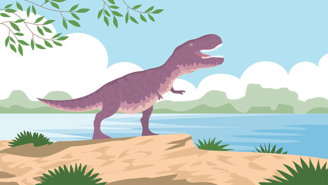 Predatory dinosaur tyrannosaurus rex of the Jurassic period. Carnivorous lizard. Prehistoric strong hunter. Wild landscape with a lake. Cartoon vector illustration