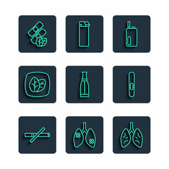 Set line No smoking, Disease lungs, Lungs, Electronic cigarette, Vape liquid bottle, Tobacco leaf, Medical nicotine patches and Cigar icon. Vector