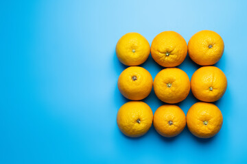 Flat lay with oranges in square shape on blue background.