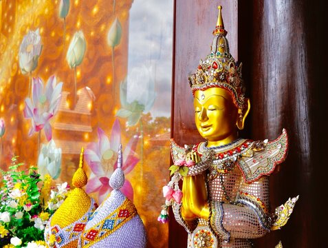 Buddha images and art works. Wat Somdet Phu Ruea Ming Muang, Loei Province, Thailand. 19 April 2022.