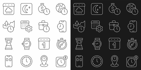 Set line Alarm clock app mobile, Stopwatch, Time is money, Calendar settings, Stocks market growth graphs, autumn and Work time icon. Vector