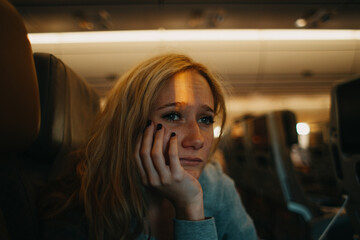 Young woman waiting on a plane staring out of window