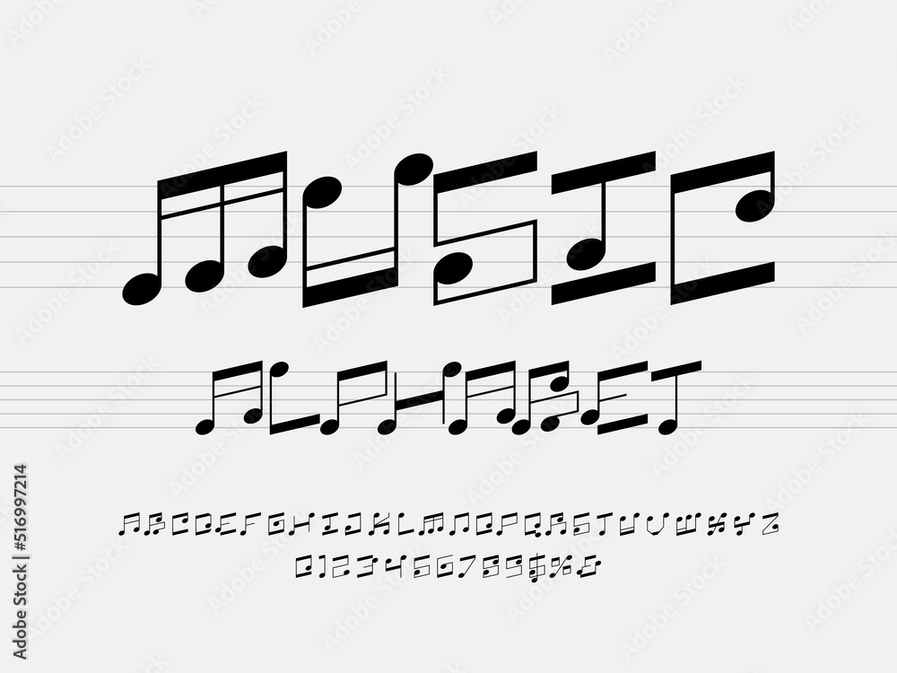 Poster vector of music note font and alphabet design with uppercase, numbers and symbols