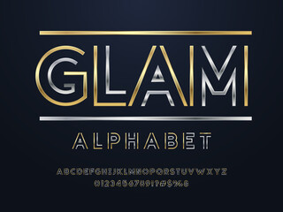 Modern glamour alphabet design with uppercase, numbers and symbols