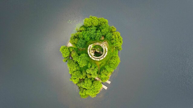 Aerial view of the Cloughoughter Castle on Lough Oughter lake, County Cavan, Ireland