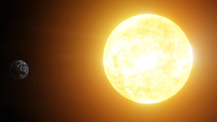 Bright sun and planet earth , global warming concept Sun in space on black background ,3D rendering