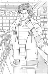 A man in casual clothes with headphones on his neck is looking for a music record in the vintage records shop. Relaxing coloring page for teens and adults. Line drawing on white background. 