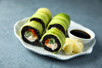 Crab sushi roll wrapped in avocado