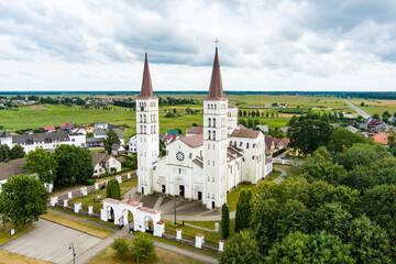 Fototapeta na wymiar Aerial view of church of St. Michael the Archangel in Rietavas, built in neo-romanticistic style in 1873.