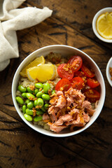 Healthy salmon poke with edamame beans