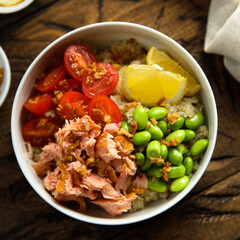 Healthy salmon poke with edamame beans