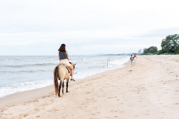 The back of an Asian woman riding a horse on the beach is walking happily on a horse on the sandy beach before the sun goes down. Tourists come to relax at the beach, ride horses, and take a walk.