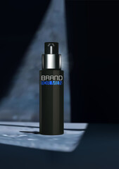 Black cosmetic product display with abstract background . Mockup illustration . Realistic vector illustration